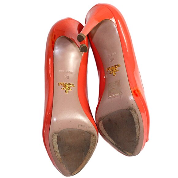 Prada Vernice Persimmon Patent Leather Peep Toe Platform Pumps, Size 36 (US 6) - Picture 8 of 9